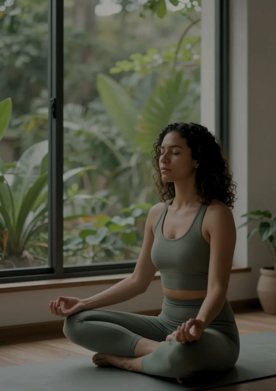 Persona meditando en un espacio con vegetación